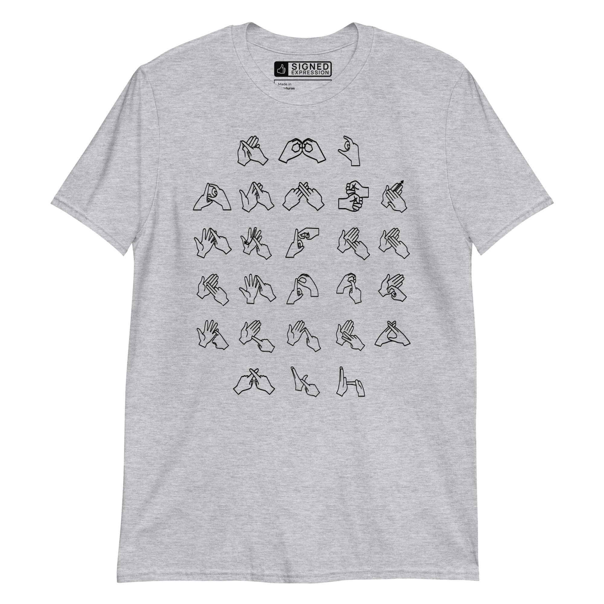 Front view of a sport grey t-shirt with BSL Alphabet - Black Fingerspelling