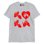 Sport grey coloured T-Shirt with the word Love in red BSL Fingerspelling with the 'O' embedded in a heart shape
