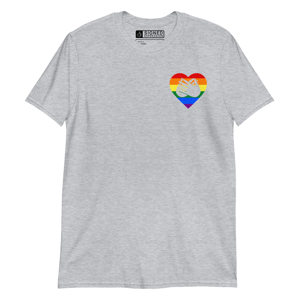 Sport grey coloured T-Shirt showing a pride coloured heart and the iconic BSL Love sign embedded in it on the left side of the chest