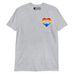 Sport grey coloured T-Shirt showing a pride coloured heart and the iconic BSL Love sign embedded in it on the left side of the chest