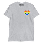 Sport grey coloured T-Shirt showing a pride coloured heart and the iconic ASL I Love You sign embedded in it on the left side of the chest