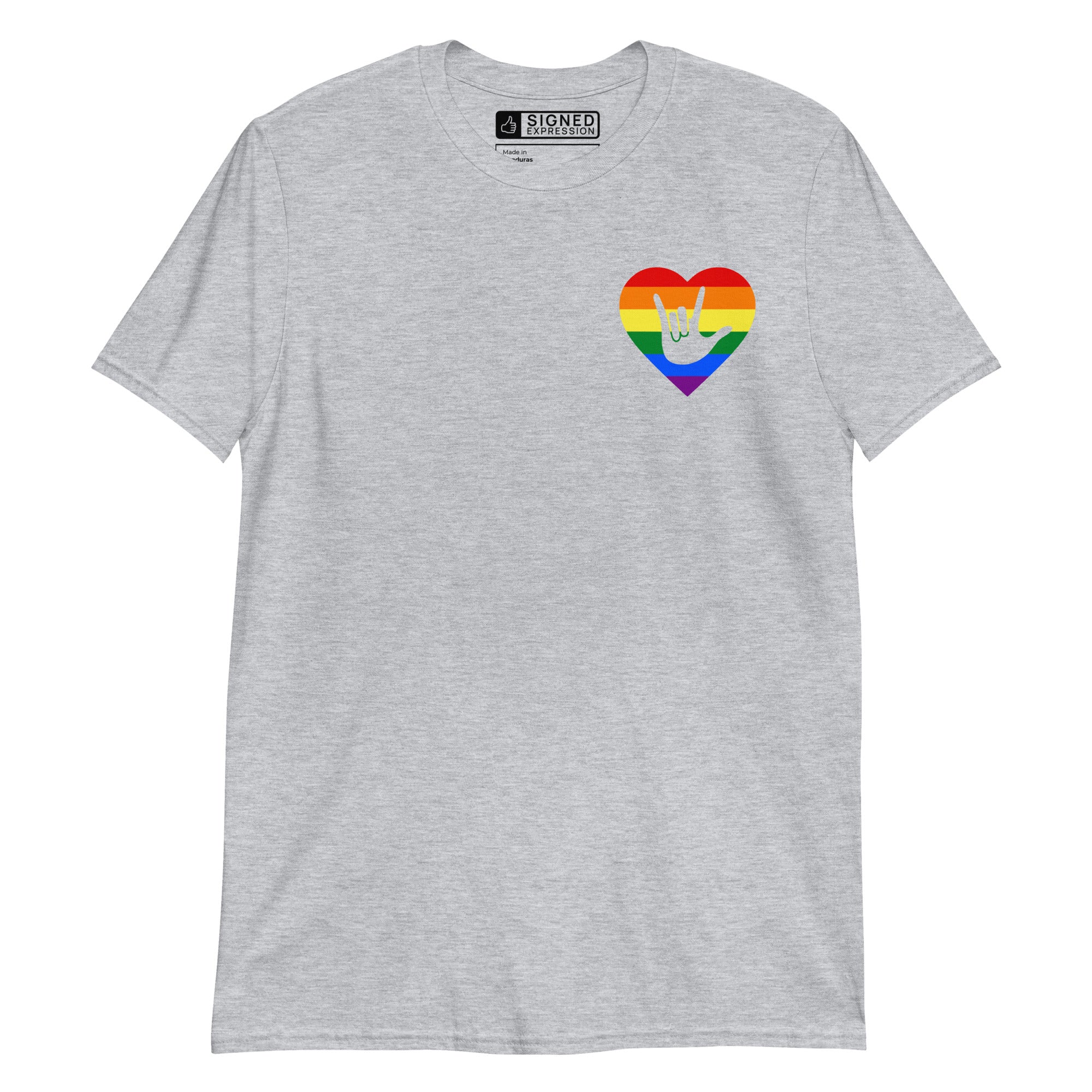 Sport grey coloured T-Shirt showing a pride coloured heart and the iconic ASL I Love You sign embedded in it on the left side of the chest
