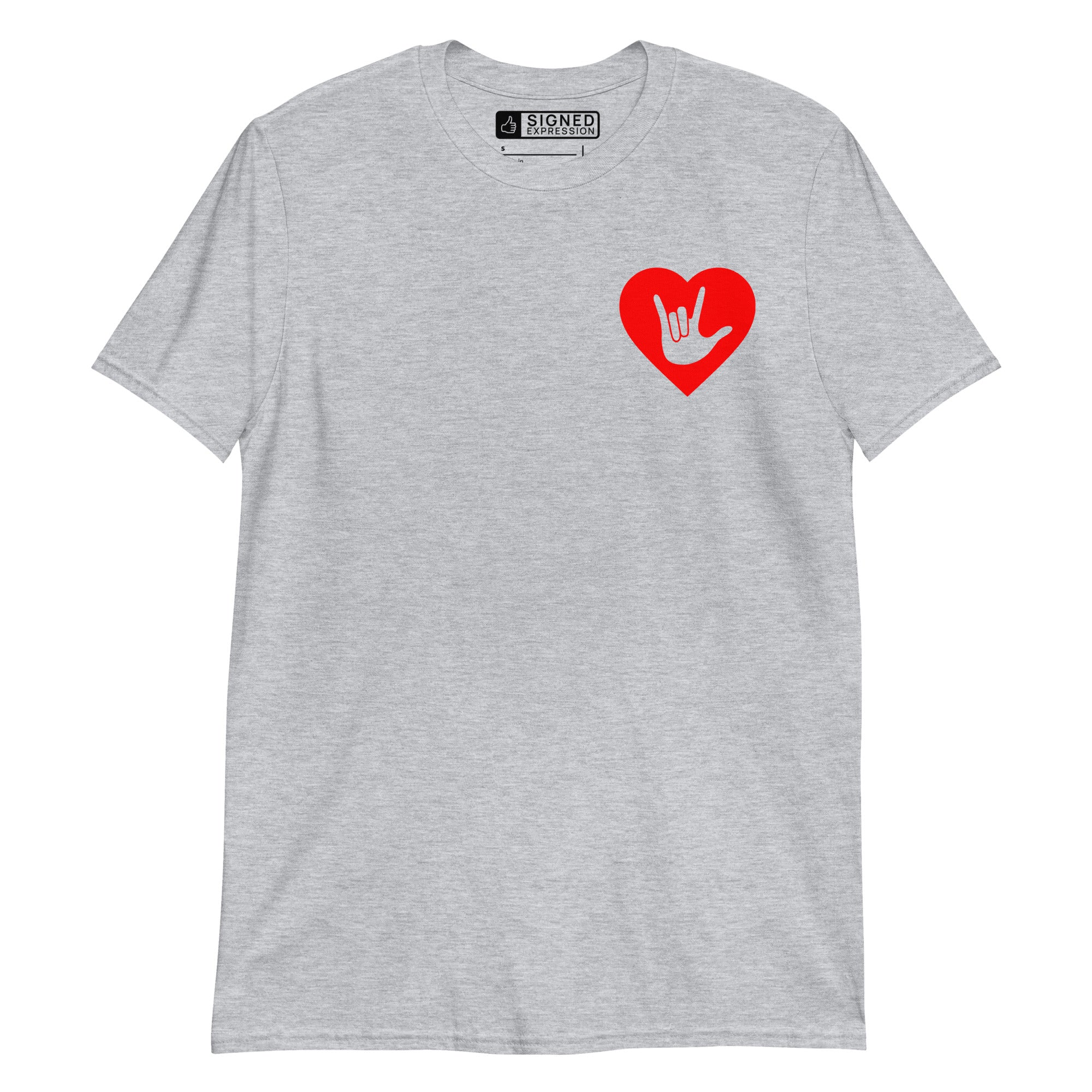 Sport grey colored T-Shirt showing a red coloured heart and the iconic ASL I Love You sign embedded in it on the left side of the chest