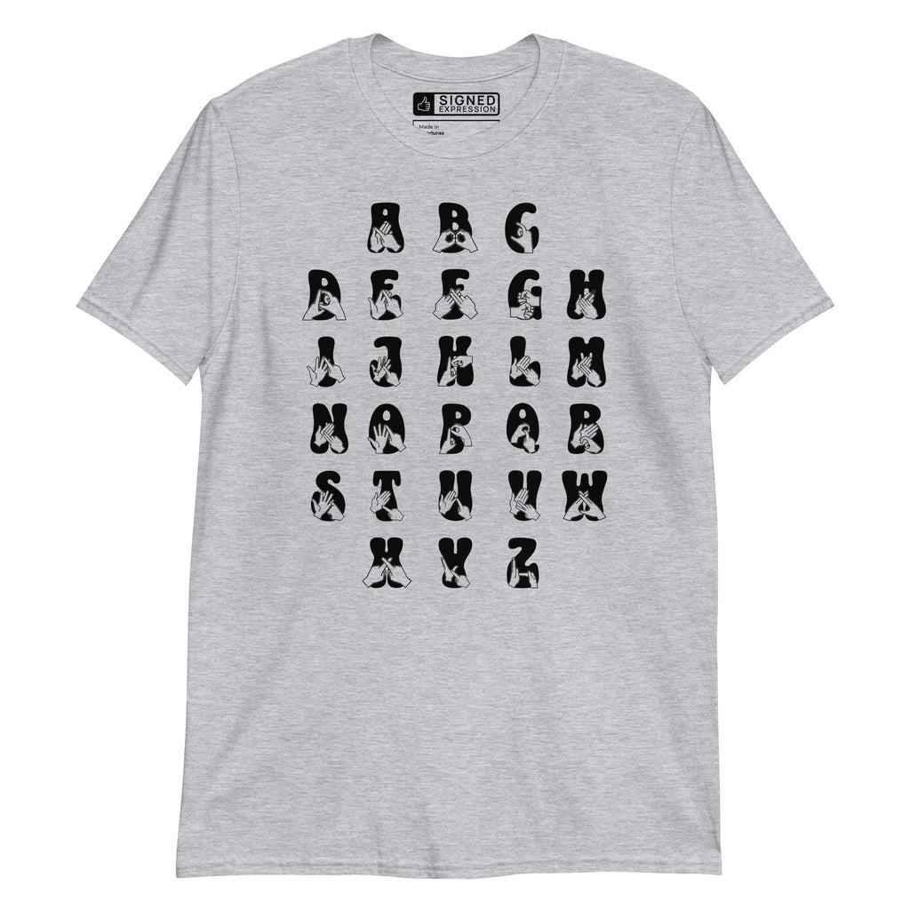 Front view of a sport grey t-shirt with BSL Alphabet - Black Fingerspelling & Text