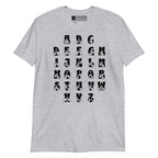 Front view of a sport grey t-shirt with BSL Alphabet - Black Fingerspelling & Text