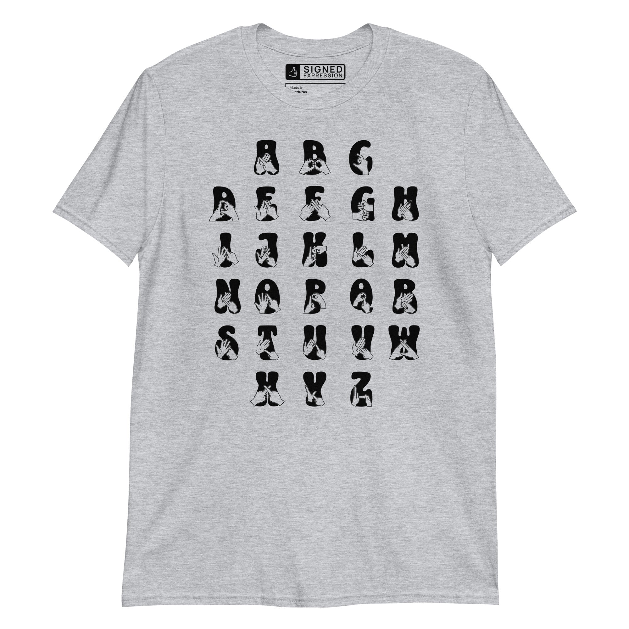 Front view of a sport grey t-shirt with BSL Alphabet - Black Fingerspelling & Text