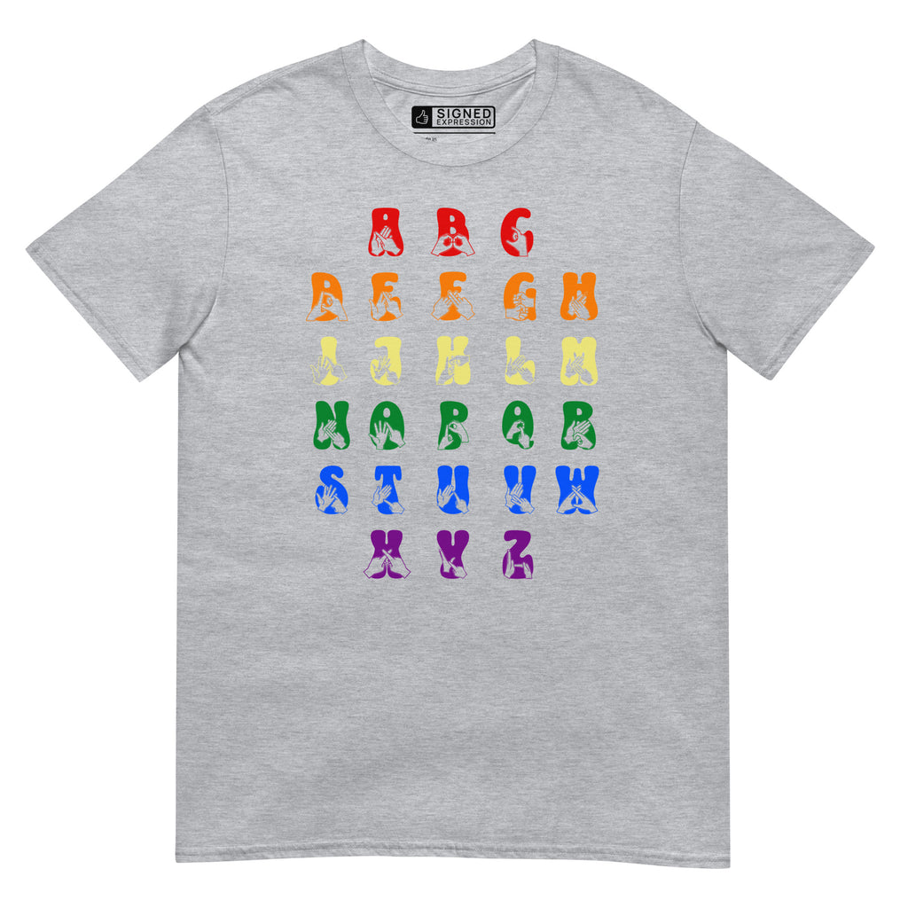 Front view of a sport grey t-shirt with BSL Alphabet - Pride Fingerspelling & Text
