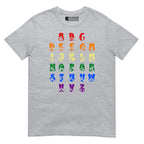 Front view of a sport grey t-shirt with BSL Alphabet - Pride Fingerspelling & Text