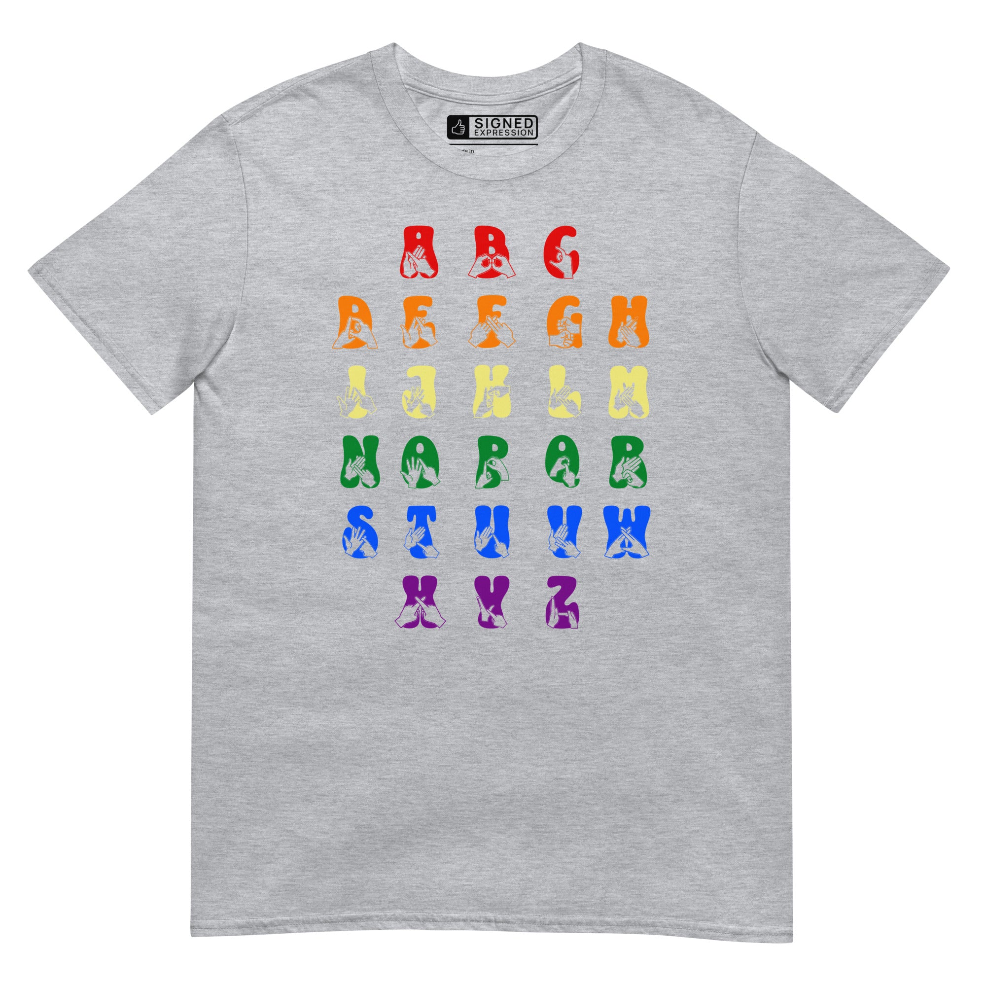 Front view of a sport grey t-shirt with BSL Alphabet - Pride Fingerspelling & Text
