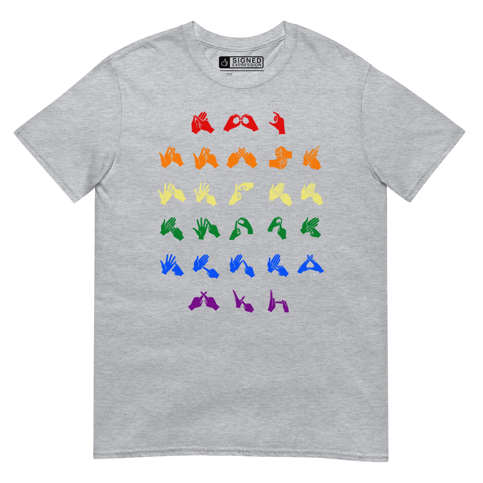 Front view of a sport grey t-shirt with BSL Alphabet - Pride Fingerspelling