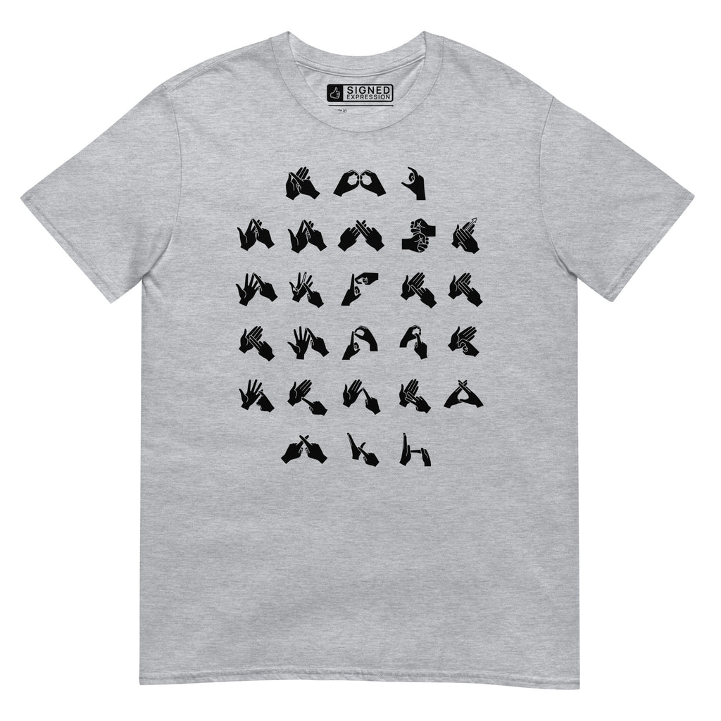 Front view of a sport grey t-shirt with BSL Alphabet - Black Fingerspelling