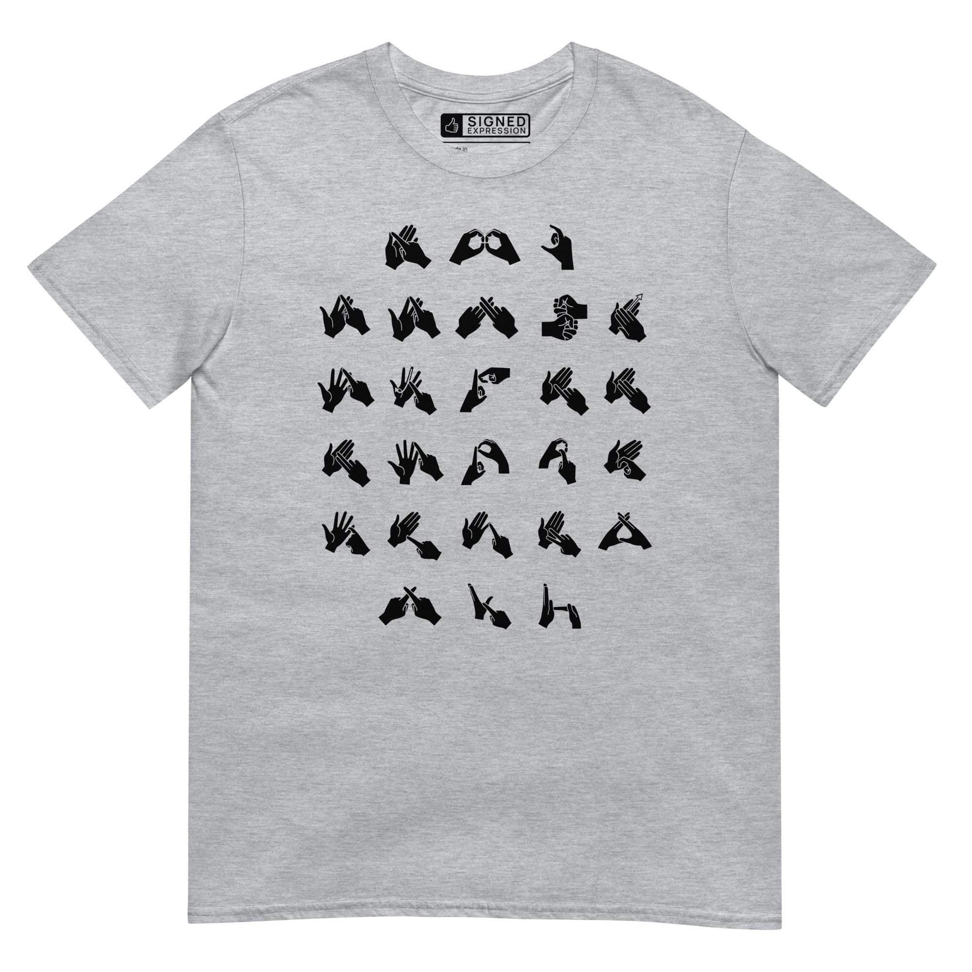 Front view of a sport grey t-shirt with BSL Alphabet - Black Fingerspelling