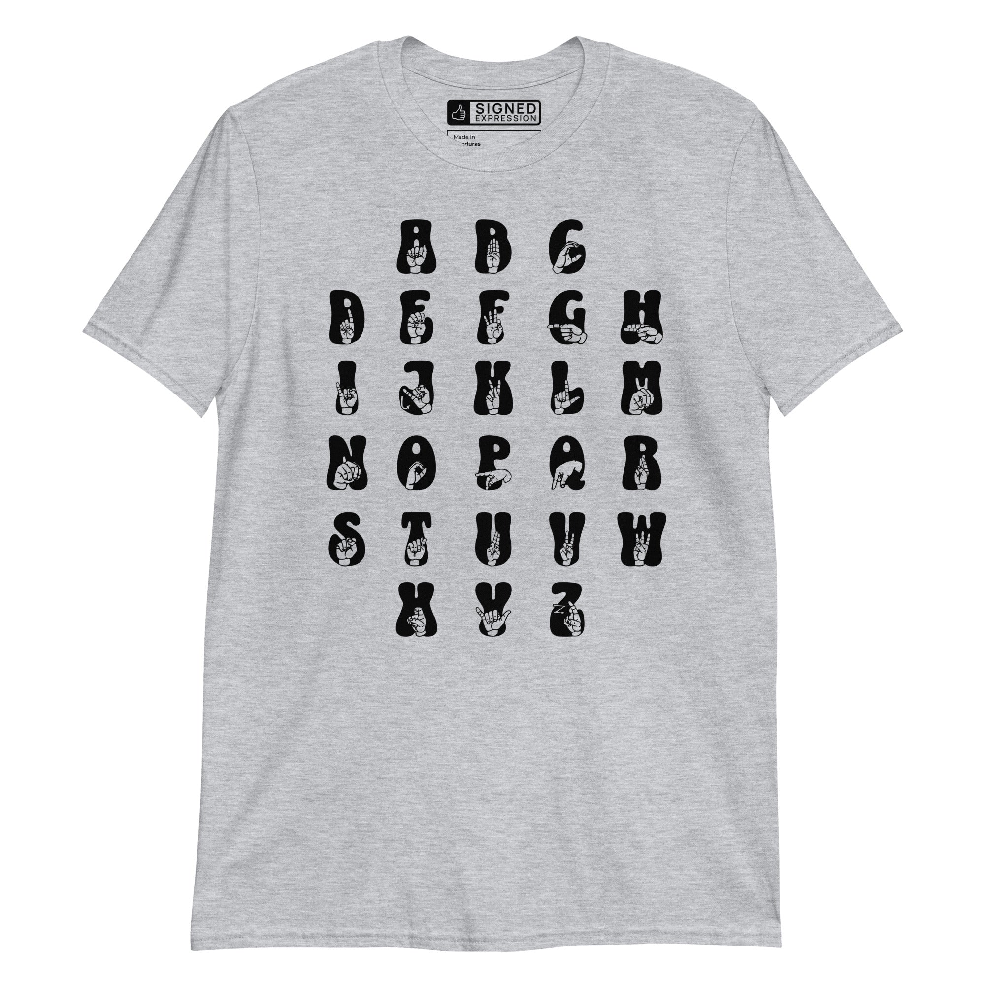 Front view of a sport grey t-shirt with ASL Alphabet - Black Fingerspelling & Text