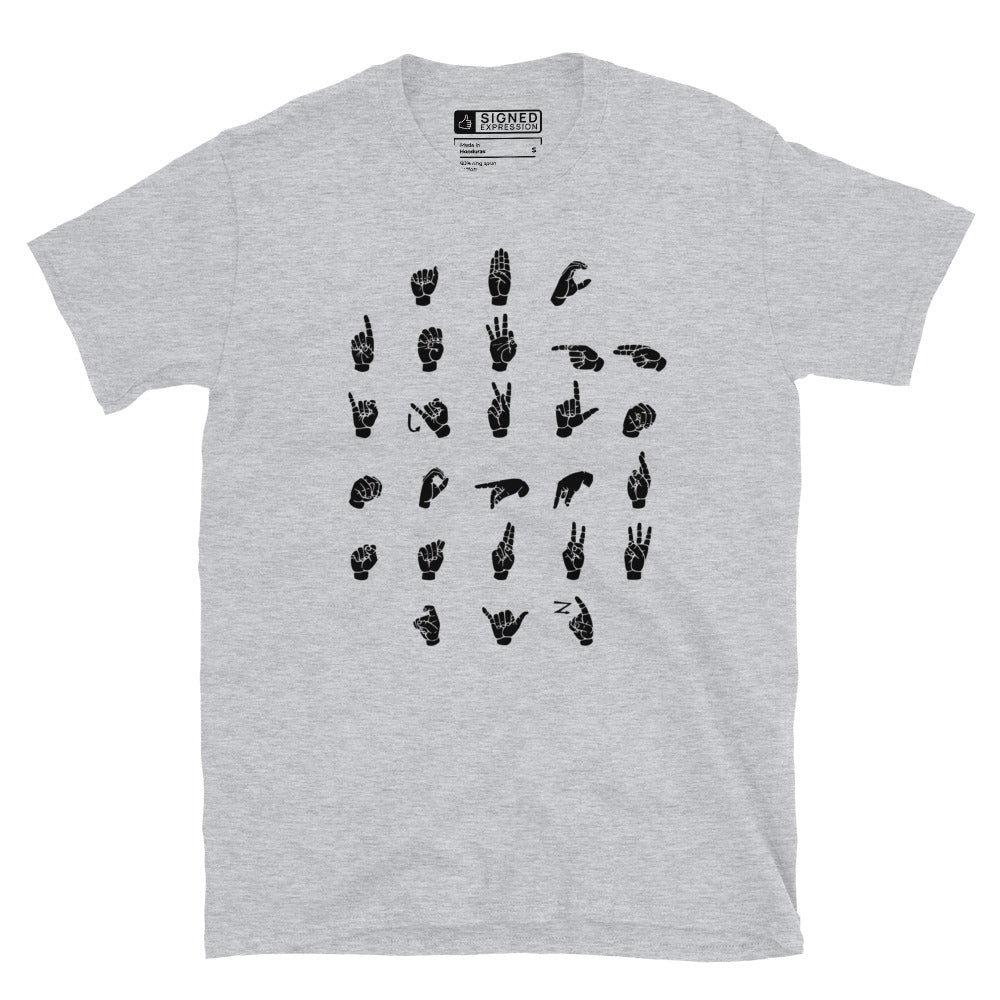 Front view of a sport grey t-shirt with ASL Alphabet - Black Fingerspelling
