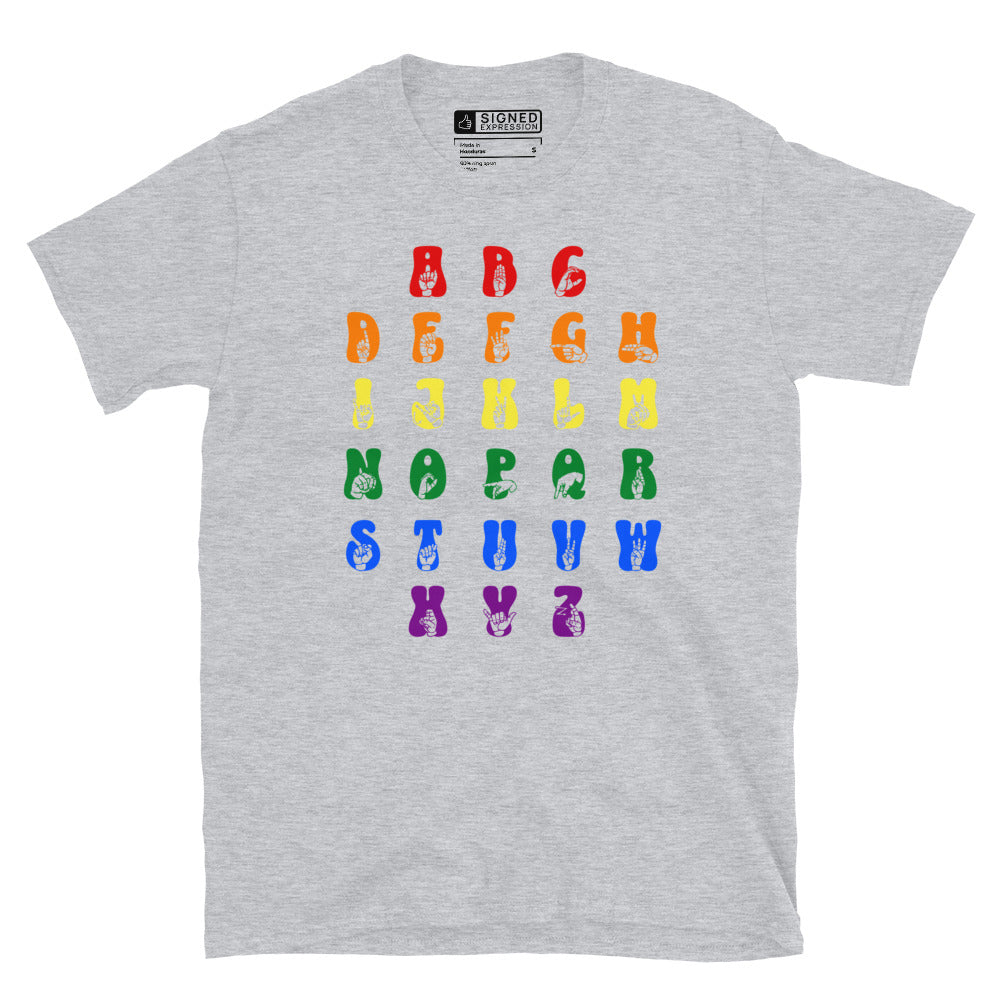 Front view of a sport grey t-shirt with ASL Alphabet - Pride Fingerspelling & Text