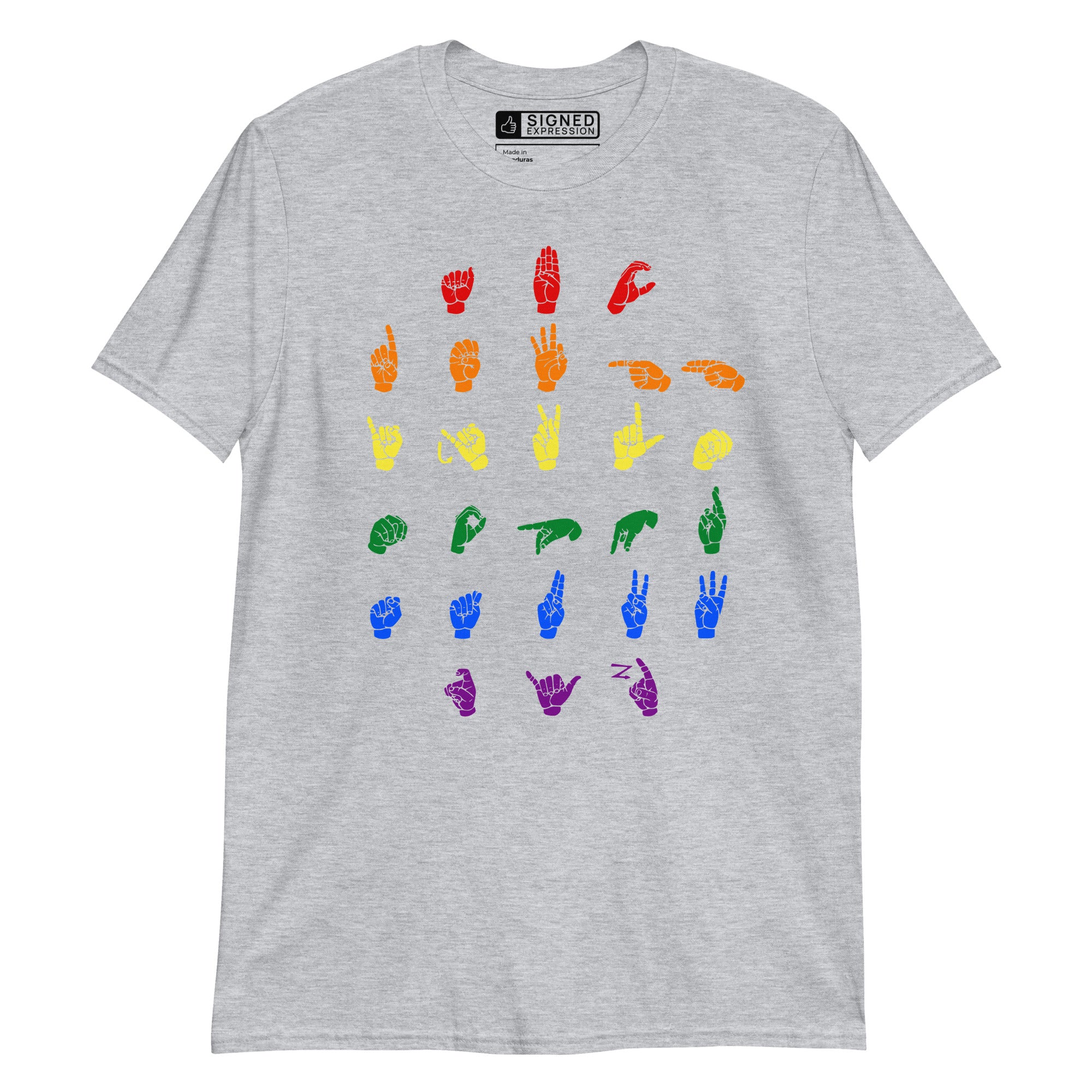 Front view of a sport grey t-shirt with ASL Alphabet - Pride Fingerspelling