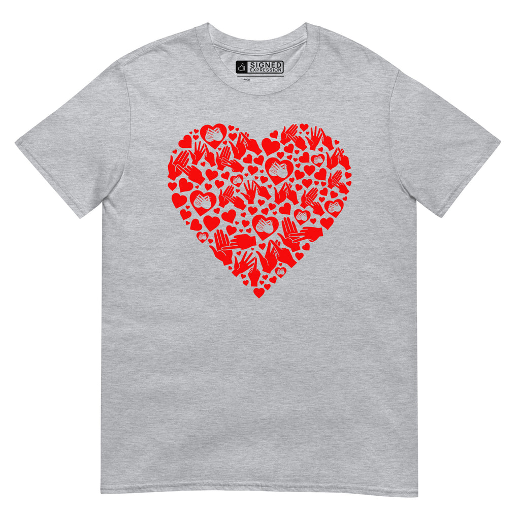 Sport grey coloured T-Shirt showing a red  coloured heart shaped mosaic formed from smaller love hearts, BSL fingerspelling that spells LOVE, and heart shapes embedded with the BSL sign for love