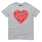 Sport grey coloured T-Shirt showing a red  coloured heart shaped mosaic formed from smaller love hearts, BSL fingerspelling that spells LOVE, and heart shapes embedded with the BSL sign for love
