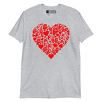 Sport grey coloured T-Shirt showing a red  coloured heart shaped mosaic formed from smaller love hearts, ASL fingerspelling that spells LOVE, and the ASL sign for I love you