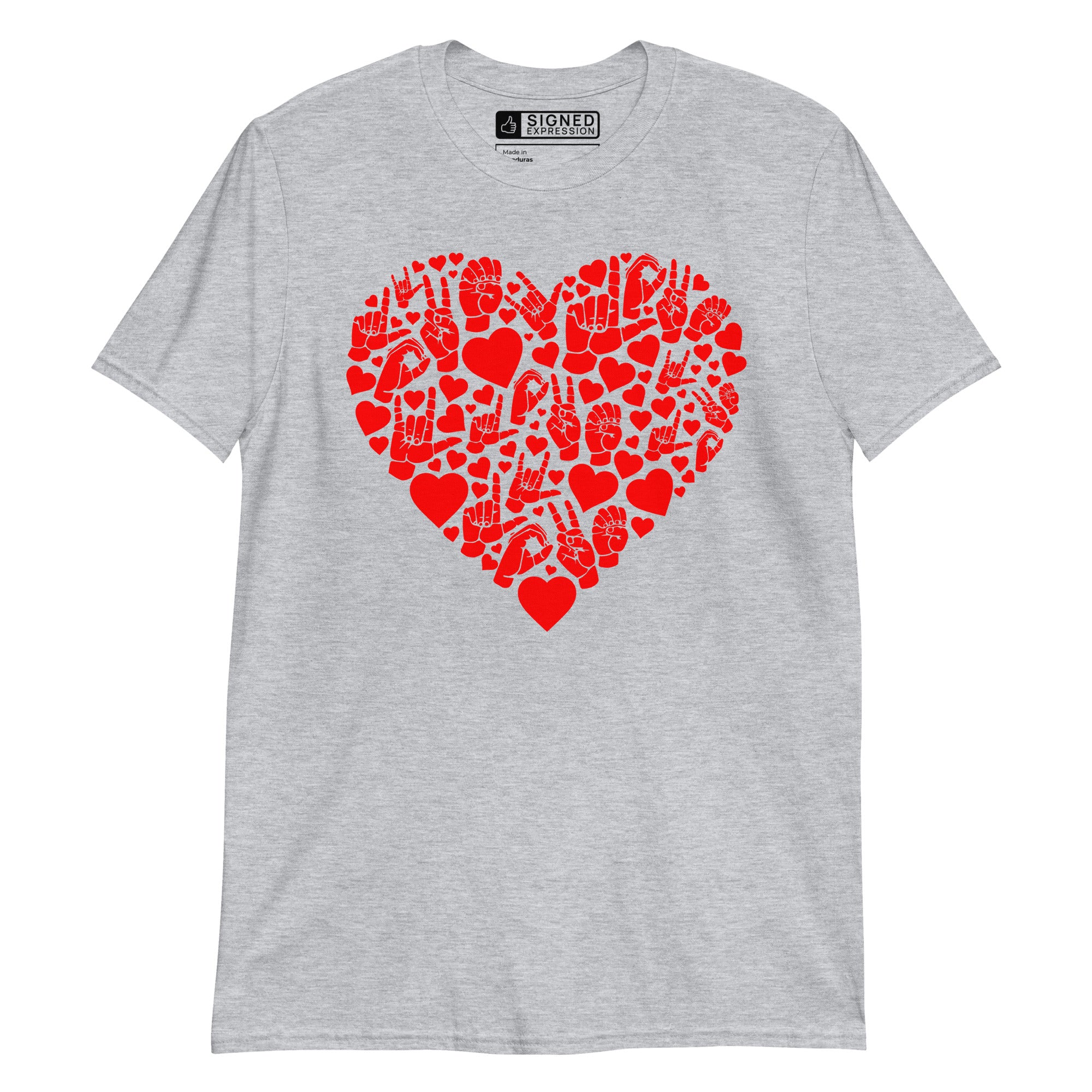 Sport grey coloured T-Shirt showing a red  coloured heart shaped mosaic formed from smaller love hearts, ASL fingerspelling that spells LOVE, and the ASL sign for I love you