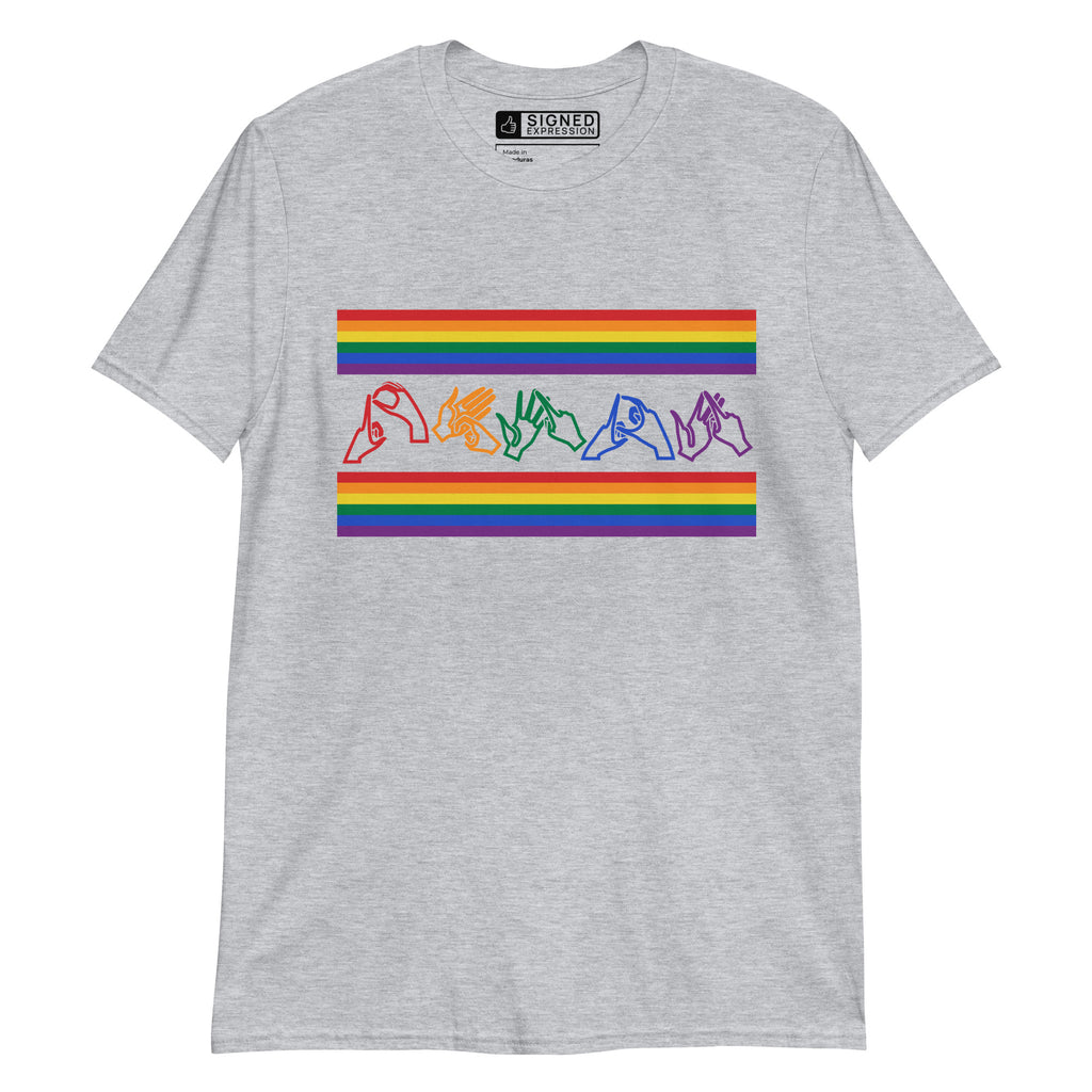Sport grey t-shirt with pride rainbow stripes and the word pride in BSL fingerspelling