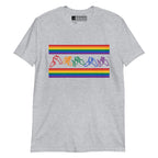 Sport grey t-shirt with pride rainbow stripes and the word pride in BSL fingerspelling