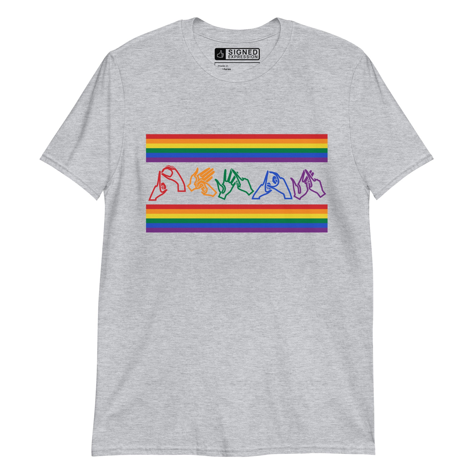 Sport grey t-shirt with pride rainbow stripes and the word pride in BSL fingerspelling