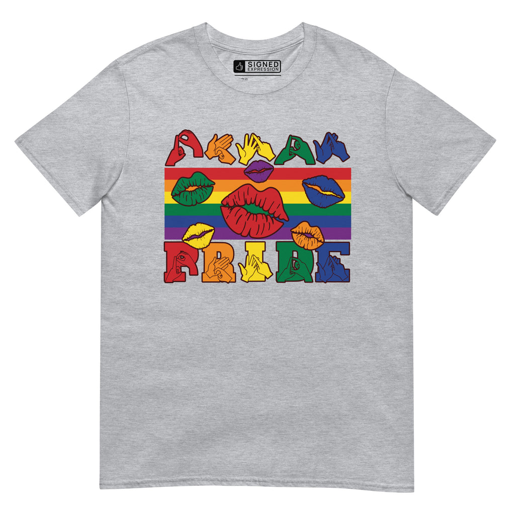 Sport grey t-shirt with pride rainbow stripes, colourful kissing lips and the word pride in BSL fingerspelling