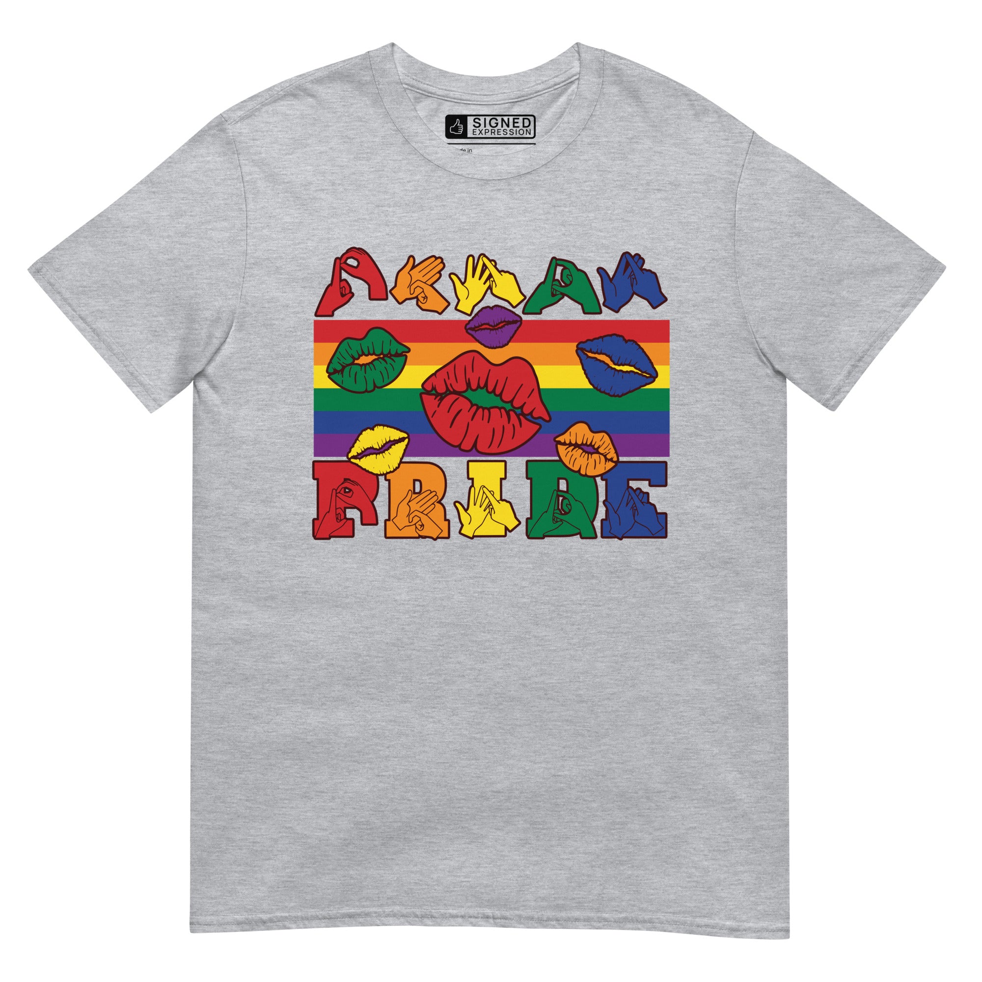 Sport grey t-shirt with pride rainbow stripes, colourful kissing lips and the word pride in BSL fingerspelling