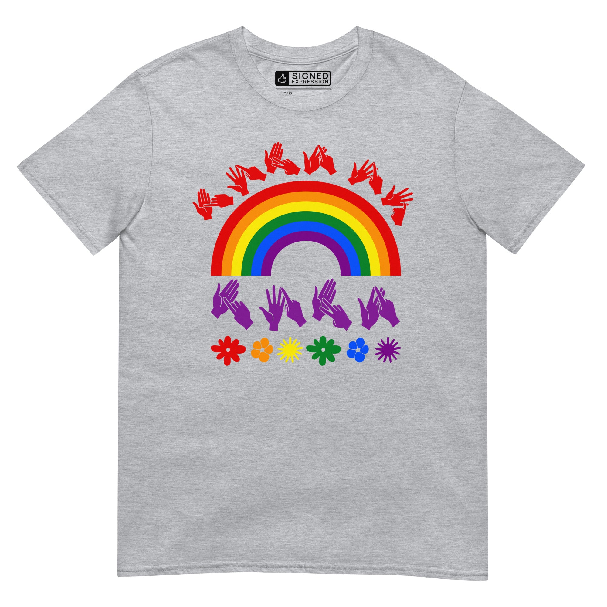 Sport grey t-shirt with pride rainbow surrounded by the phrase "Love Is Love" in BSL fingerspelling