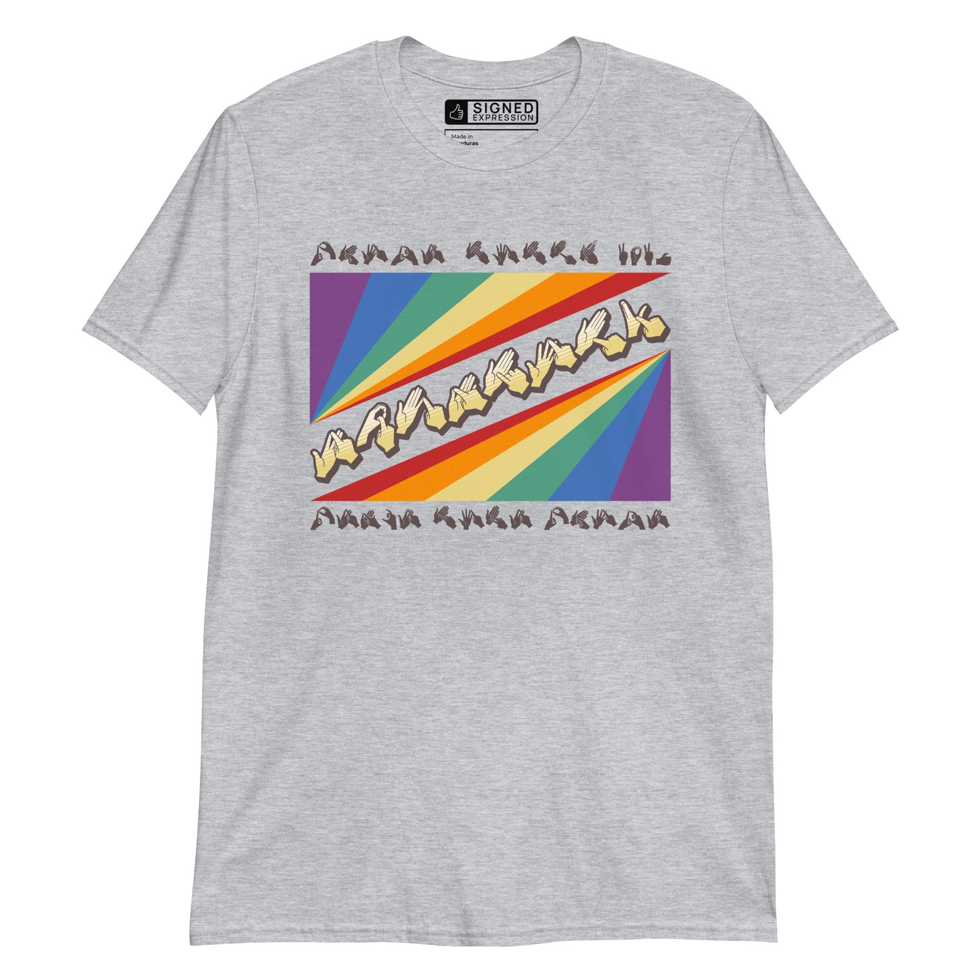 Sport grey t-shirt with pride rainbow spectrum of colours with the word Equality through the centre in BSL fingerspelling