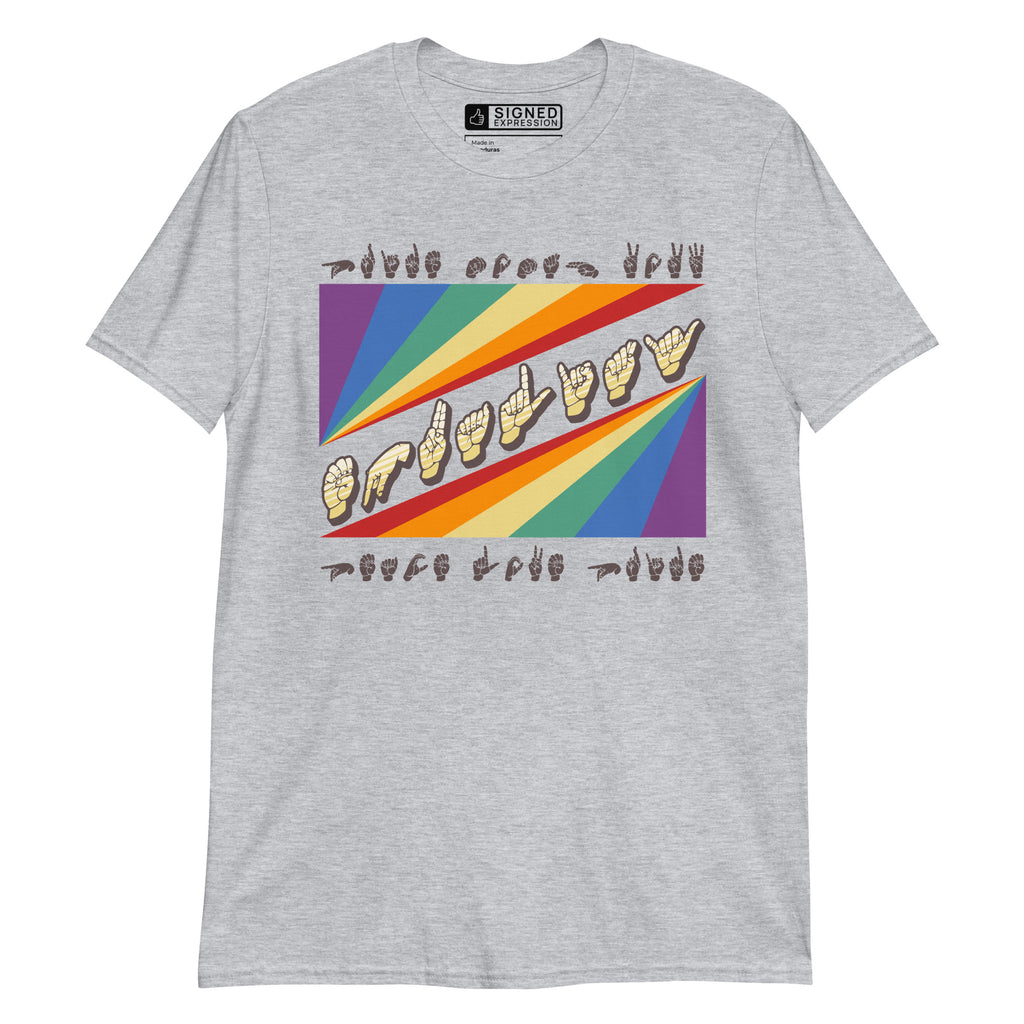 Sport grey t-shirt with pride rainbow spectrum of colours with the word Equality through the centre in ASL fingerspelling