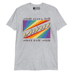 Sport grey t-shirt with pride rainbow spectrum of colours with the word Equality through the centre in ASL fingerspelling