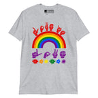 Sport grey t-shirt with pride rainbow surrounded by the phrase "Love Is Love" in ASL fingerspelling