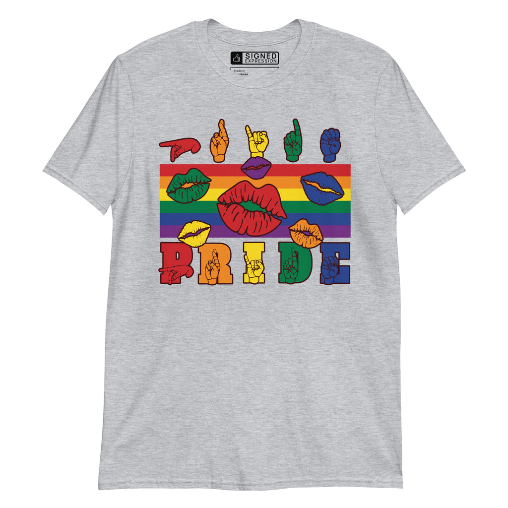 Sport grey t-shirt with pride rainbow stripes, colourful kissing lips and the word pride in ASL fingerspelling