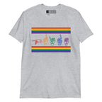 Sport grey t-shirt with pride rainbow stripes and the word pride in ASL fingerspelling