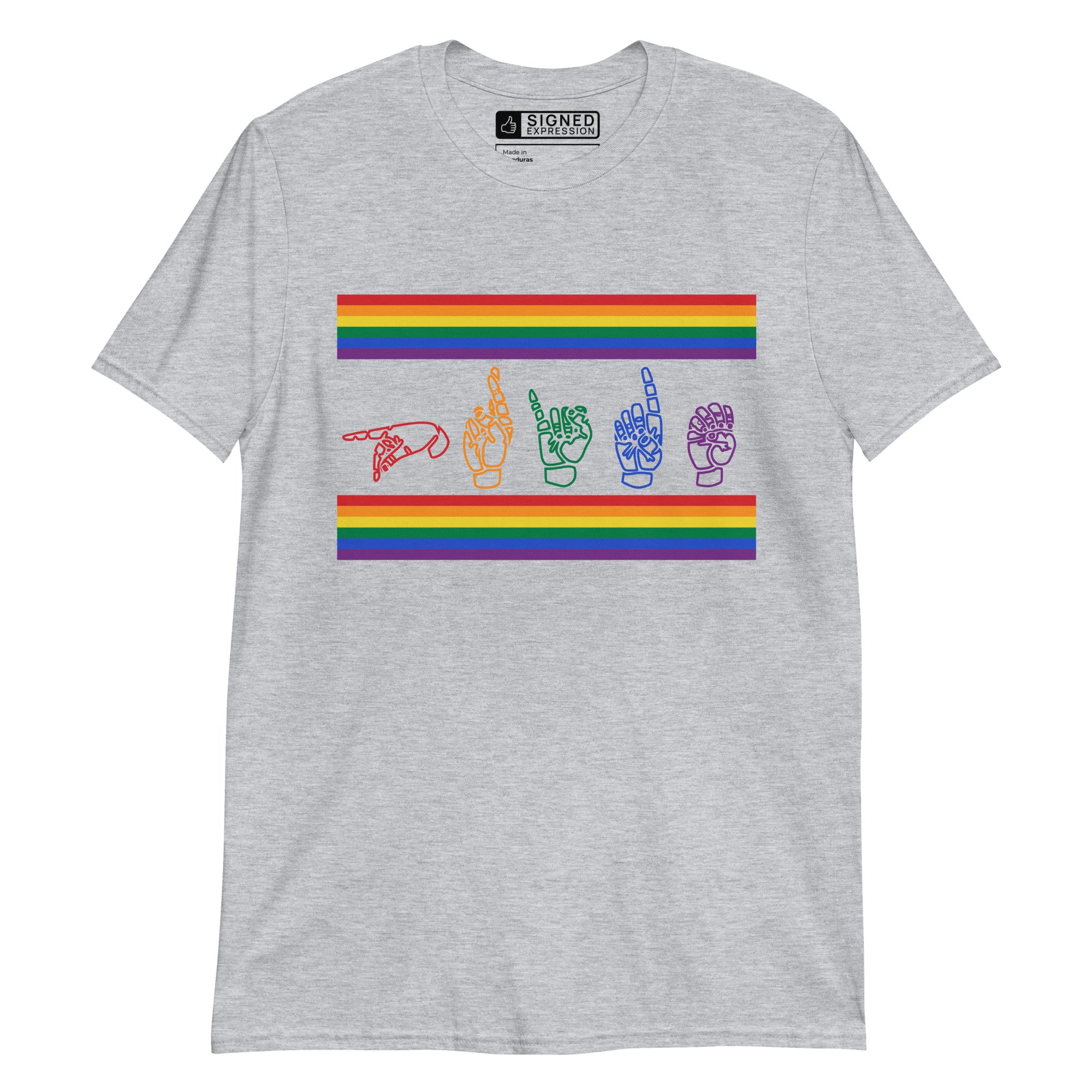 Sport grey t-shirt with pride rainbow stripes and the word pride in ASL fingerspelling