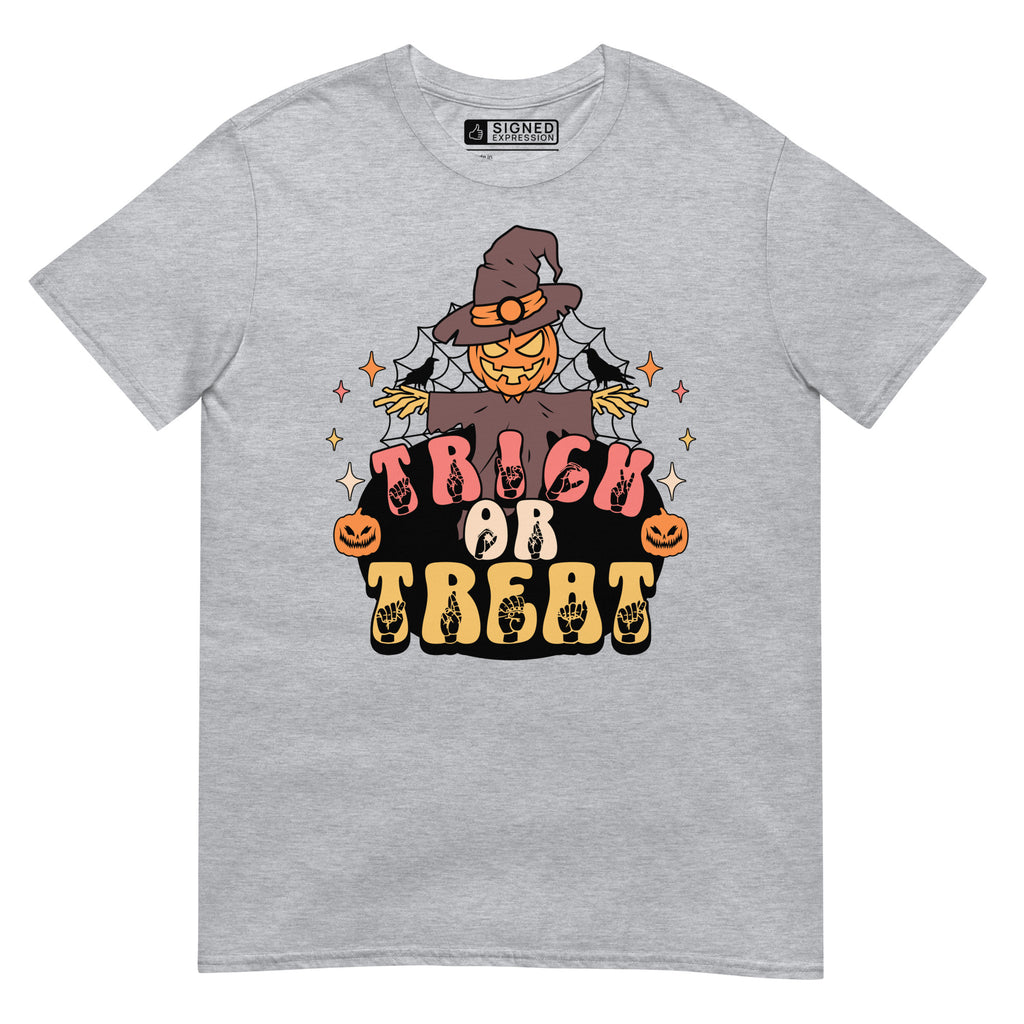 Sport grey Halloween scarecrow trick or treat t-shirt with ASL design.