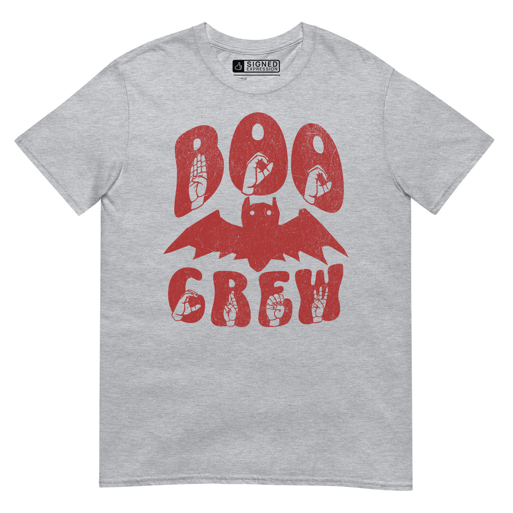 Sport grey Boo Crew bat Halloween t-shirt with ASL design.