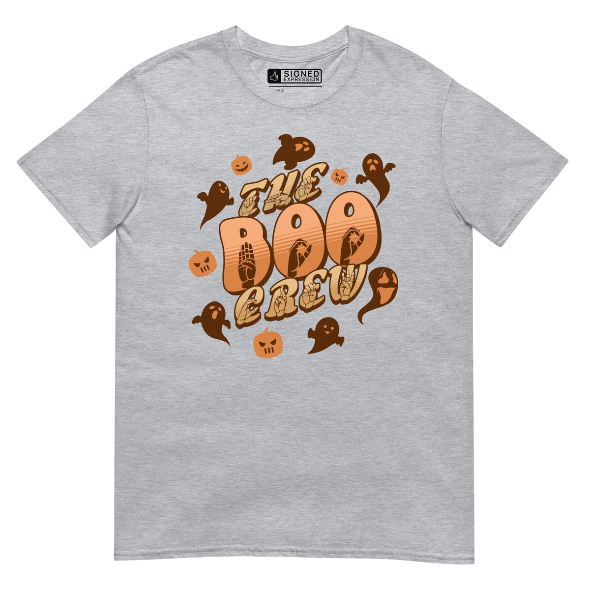 Sport grey Boo Crew Halloween t-shirt with pumpkins, ghosts, and ASL design