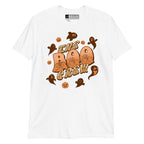 White Boo Crew Halloween t-shirt with pumpkins, ghosts, and BSL design.