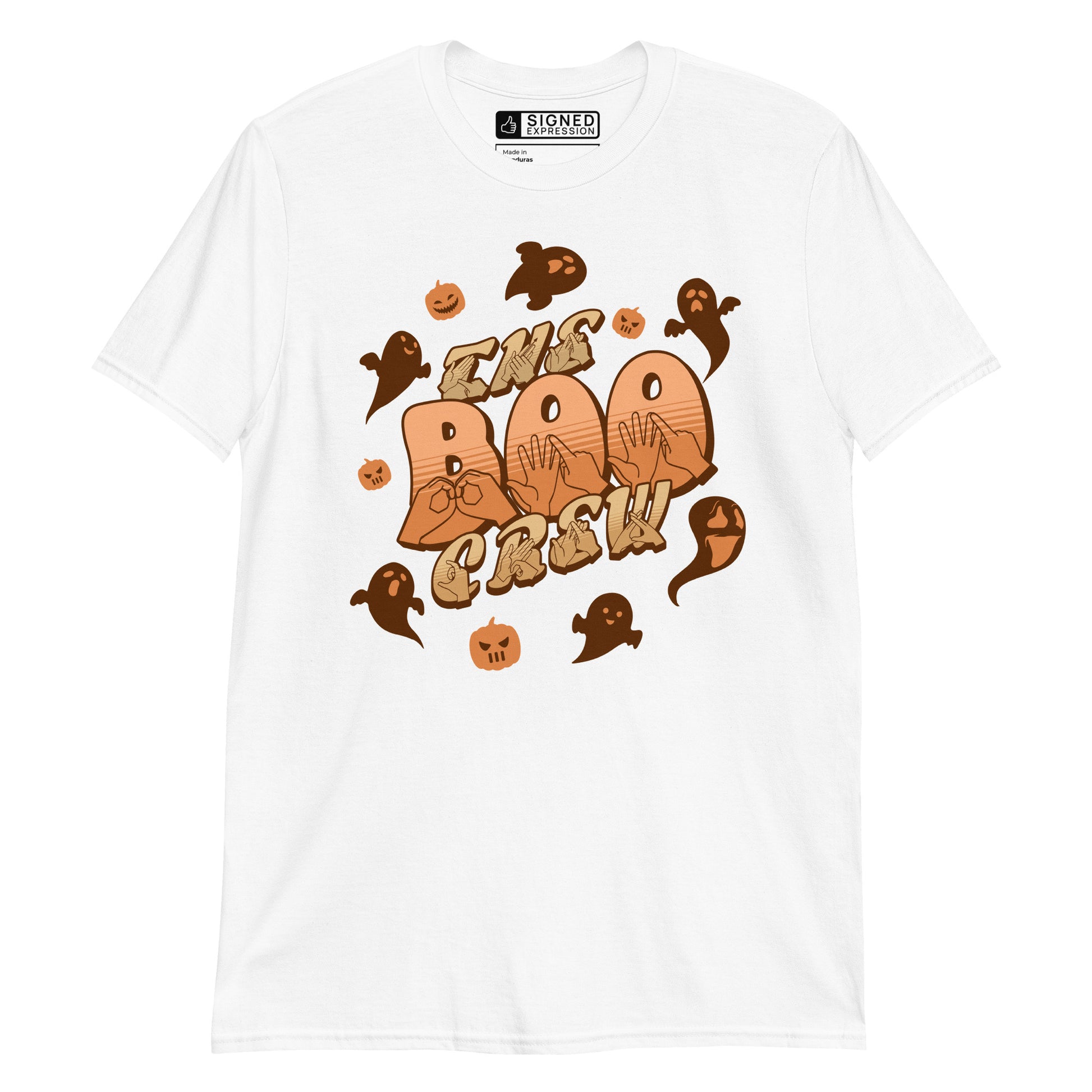 White coloured kids Boo Crew Halloween t-shirt with pumpkins, ghosts, and BSL design.