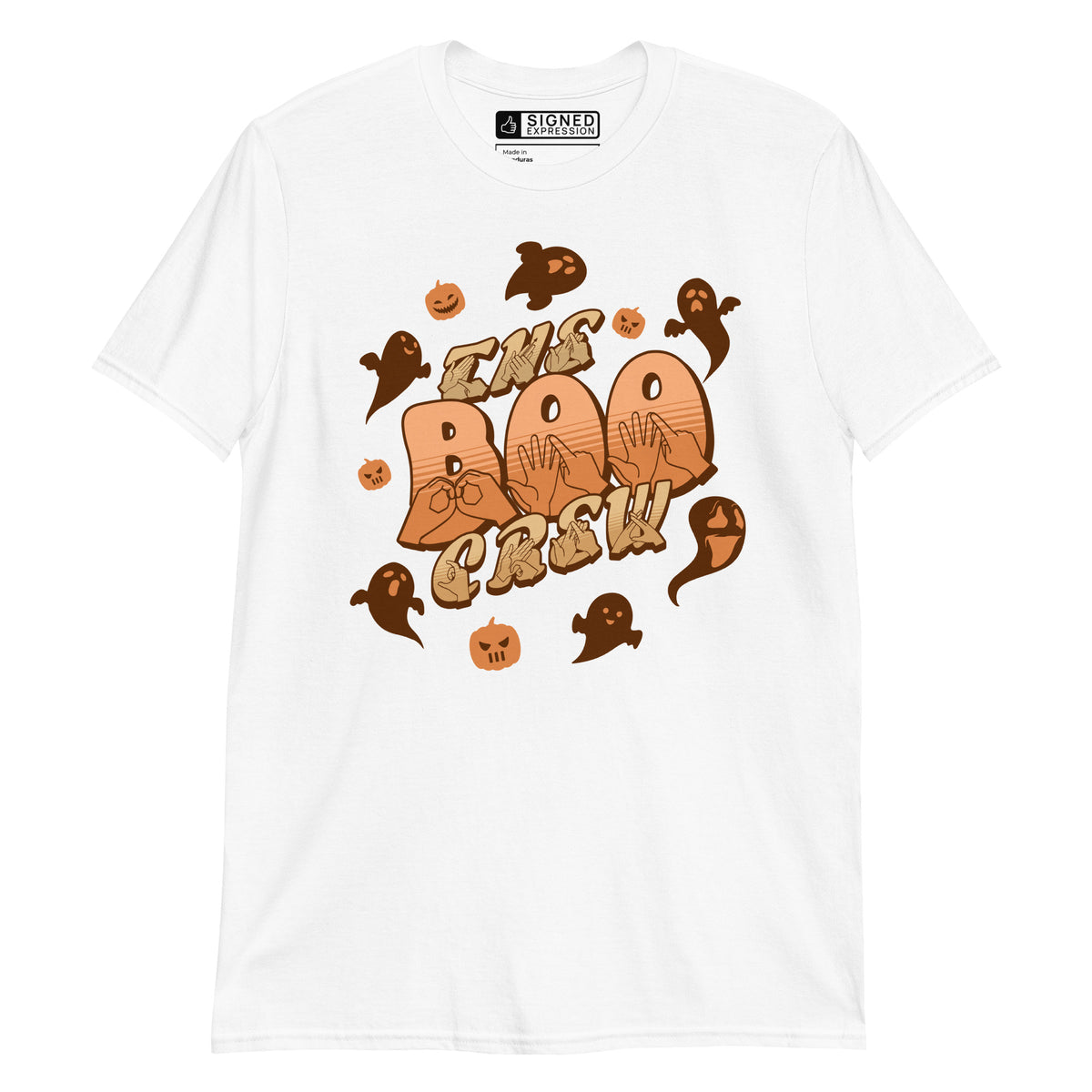 White Boo Crew Halloween t-shirt with pumpkins, ghosts, and BSL design.