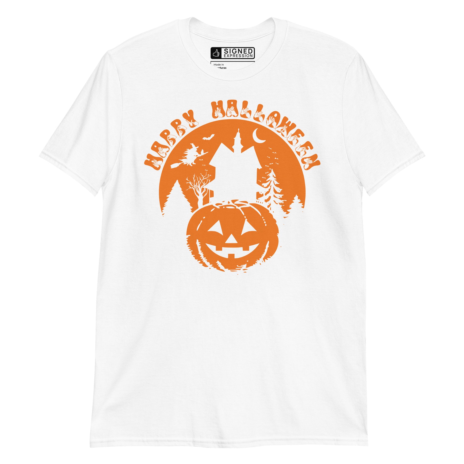 White coloured kids Happy Halloween pumpkin haunted house t-shirt with BSL design.