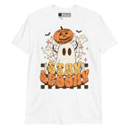 White Stay Spooky ghost pumpkin Halloween t-shirt with BSL design.
