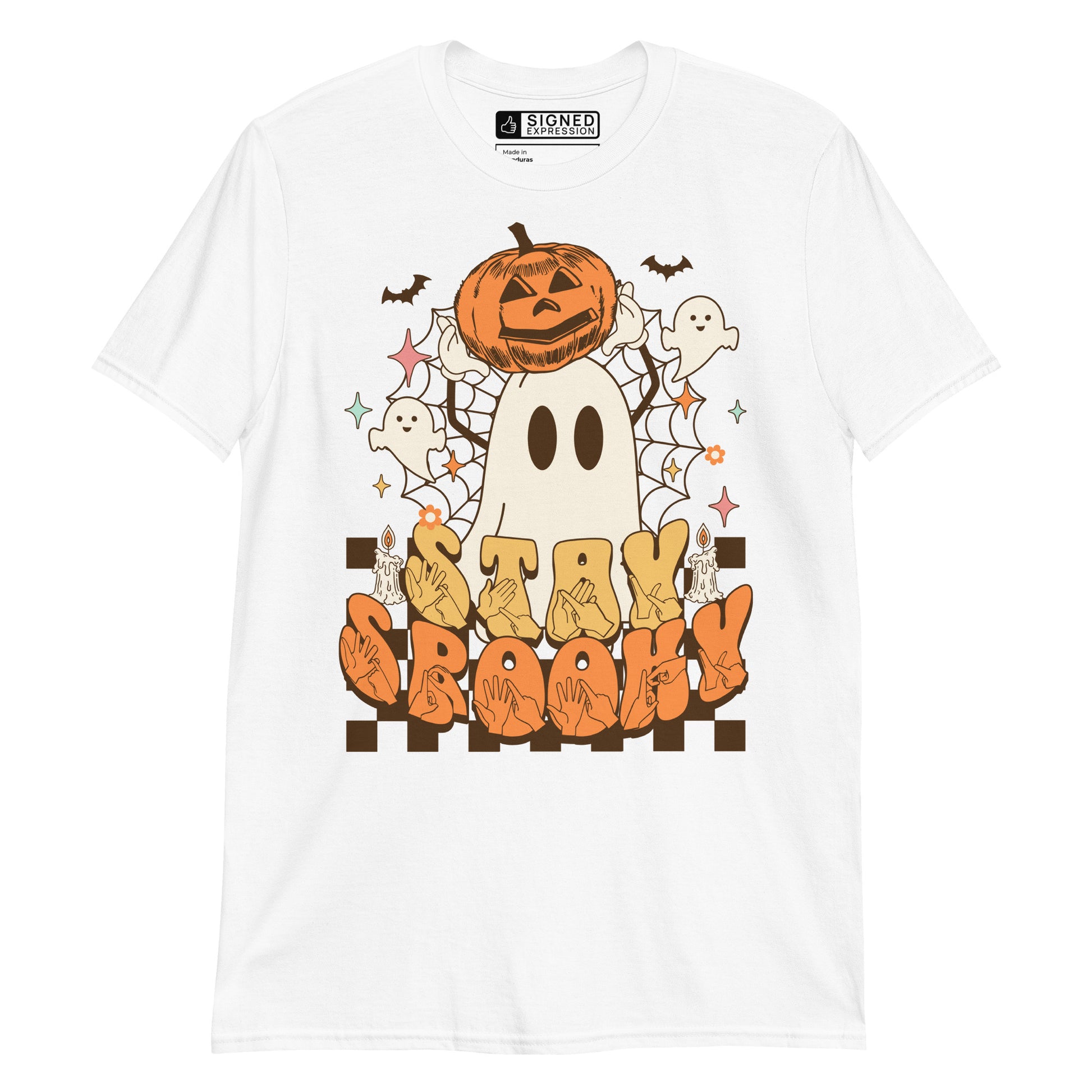 White coloured kids Stay Spooky ghost pumpkin Halloween t-shirt with BSL design.