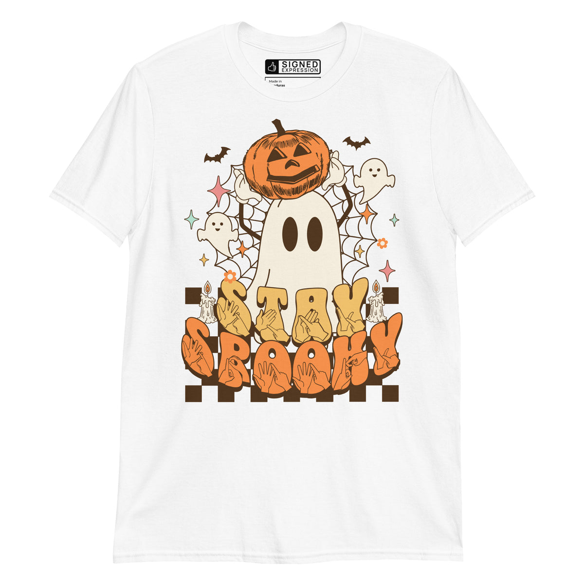 White Stay Spooky ghost pumpkin Halloween t-shirt with BSL design.