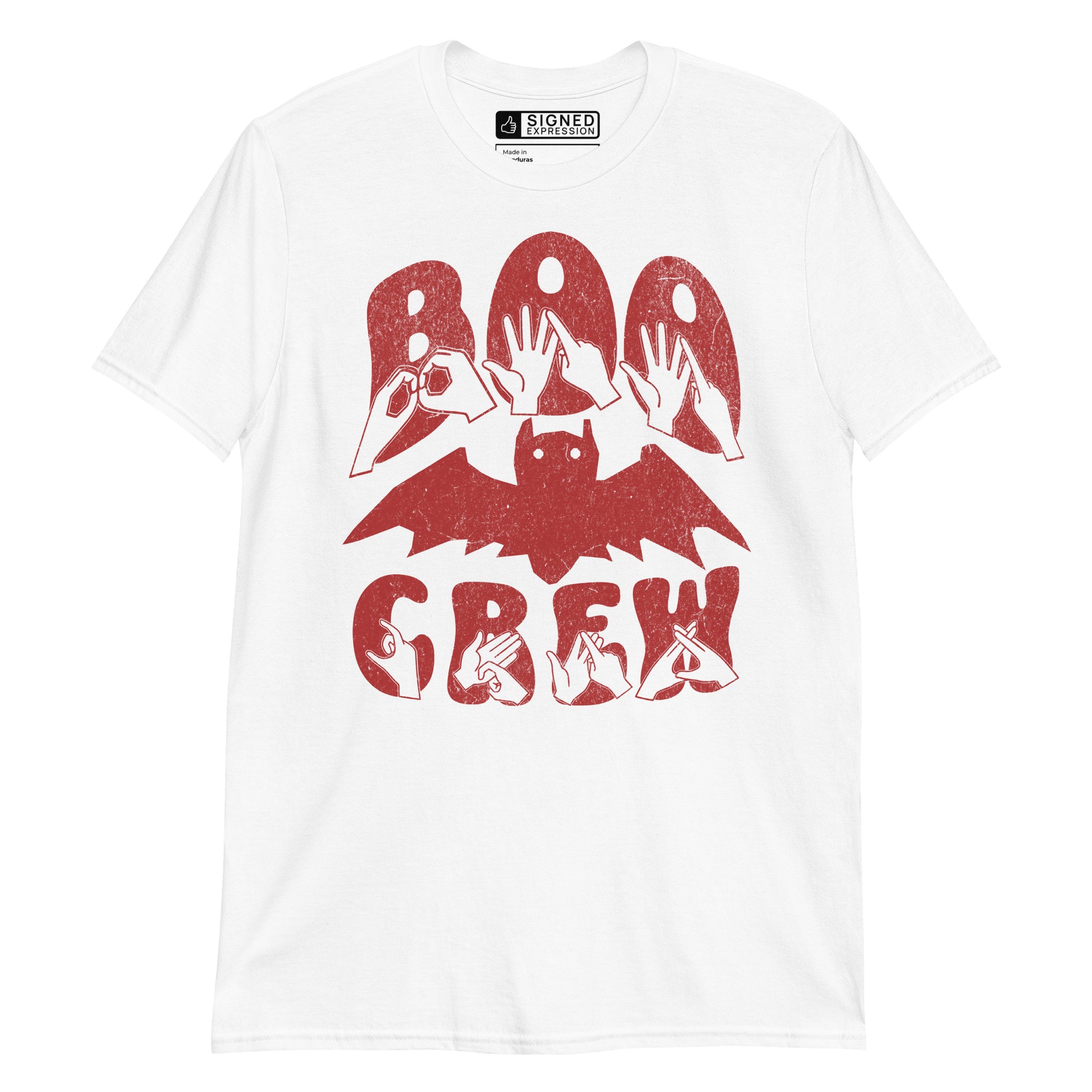 White coloured kids Boo Crew bat Halloween t-shirt with BSL design.