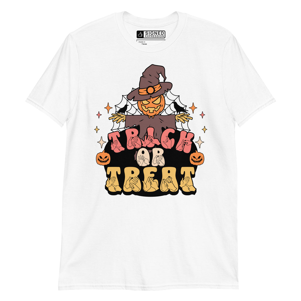 White coloured Halloween scarecrow trick or treat t-shirt with BSL design.