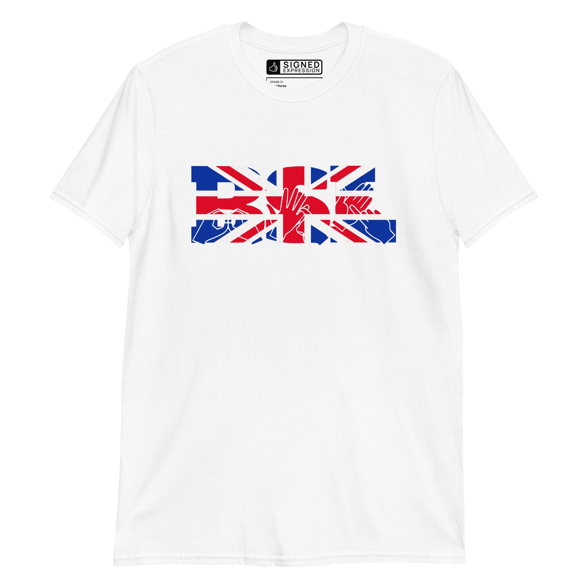 White t-shirt with ‘BSL’ shown in British Sign Language fingerspelling and text, in red, white, and blue Union Flag colours